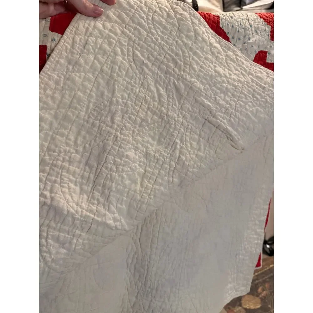 Vintage Handmade Hand Sewn Quilt Red White Blue Floral Cottagecore Farmhouse